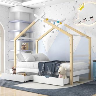 Merax 3FT Single Bed Wooden House Bed With Two Storage Drawers in Natural