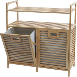 Hhg Armario De Ba&ntilde;o De Bamb&uacute; Hhg-591, Armario De Ba&ntilde;o Con Estante Colector De Ropa, 2 Cestos De Ropa 2 Estantes Certificado Mvg 88x81x33cm