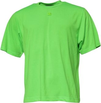 Dolce & Gabbana Tops, Heren, Groen, M, Polyester, Neon Groen Logo T-shirt met Ronde Hals
