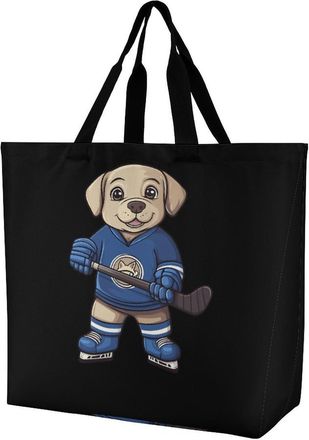 Generic Labrador Playing Hockey Large Reusable Shopping Bag Lightweight Foldable Tote Bags Washable Shoulder Handbag