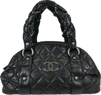 Chanel Lady Braid Bowler Quilted Distressed Calfskin Black Leather Handbag (Pre-Owned)