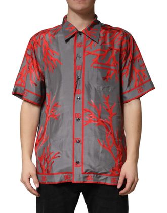 Dolce & Gabbana Mens Gray Red Corals Short Sleeves Casual Shirt Silk