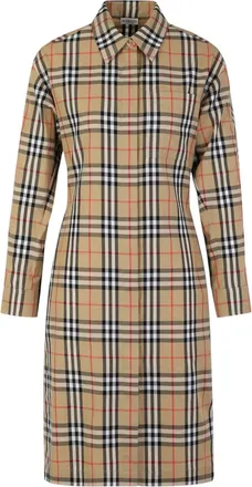 Burberry Beige Checks Shirt Collar Midi Dress