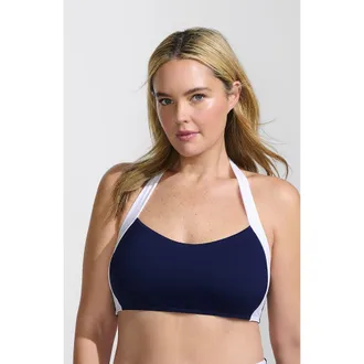Lands End Seamed Halter Tankini Top in Deep Sea Navy/white at Nordstrom, Size 20W