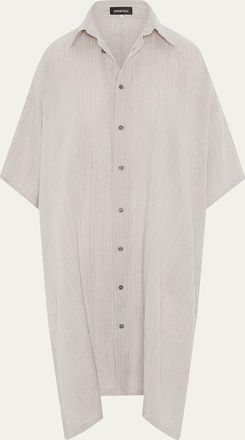 Eskandar Metallic Linen Wide A-Line Short-Sleeve Shirtdress With Collar