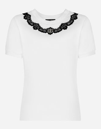 Dolce & Gabbana Jersey T-shirt With Dg Logo And Lace Inserts - Woman T-shirts And Sweatshirts White 40