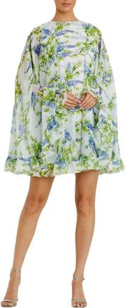 Mac Duggal Floral Print High Neck Ruffle Hem Cape Mini Dress in White Multi at Nordstrom, Size 4