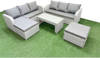 Fimous Outdoor Garden Furniture Sets 8 Seater Wicker Rattan Furniture Sofa Sets with Oblong Coffee Table high Back Lounge Sofa 2 Big Footstool 2 Side Table