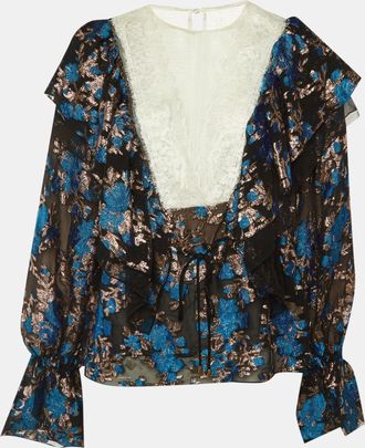 Lanvin Black Floral Brocade & Lace Ruffled Blouse