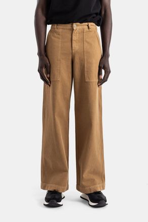 Moncler Womens Camel Cotton Wide-Leg Trousers Patch Pockets Leather Logo Brown