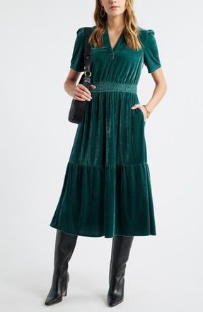 Caslon Short Sleeve Velour Midi Dress in Green Ponderosa at Nordstrom Rack, Size X-Small