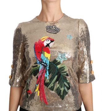 Dolce & Gabbana Womens Gold Sequined Parrot Crystal Blouse Elastane