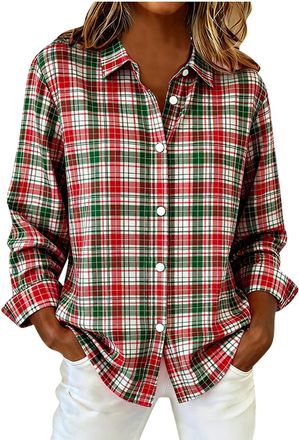 Generic Womens Classic Plaid Shirts Cotton Long Sleeve Button Down Flannel Checked Blouse Loose Oversized Casual Check Tops Ladies Lightweight Shirt for Sprin