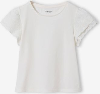 Vertbaudet T-Shirt mit Stickerei-&Auml;rmeln M&auml;dchen, personalisierbar wollwei&szlig;