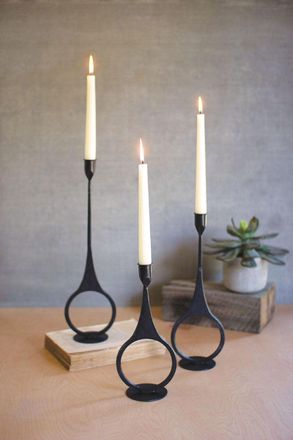 Kalalou Set of 3 Cast Iron Taper Candle Holders with Ring Detail