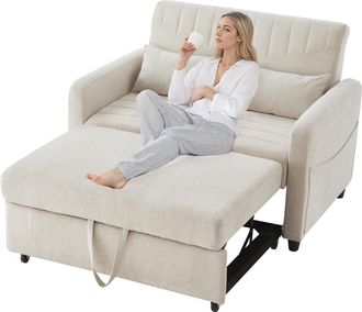 STILVORA Divano Convertible 2 Posti In Cotone Lino Con Schienale Regolabile 3 Posizioni E 2 Cuscini Multifunzionali, Beige