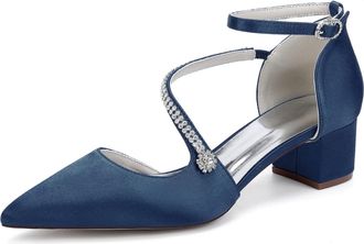 Generic Bridal Shoes Womens Rhinestone Wedding Prom Pumps Satin Pointed Toe Ankle Strap Bridesmaid Chunky Heels Shoes4.5Cm,Dark Blue,10 UK