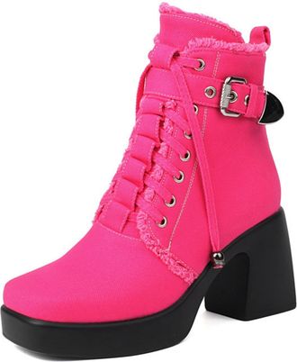 Generic Womens Ankle Boots Denim Fabric Fringe Decor Lace-Up Buckle Strap Chunky Block Heel Platform Vibrant Color Stylish Casual Daily Streetwear Weekend Out