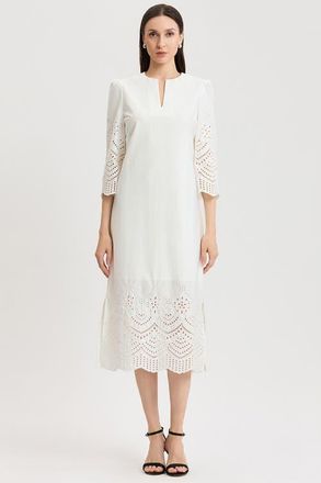 Ming Wang Eyelet Straight Cotton Maxi Dress in White at Nordstrom, Size Xx-Small