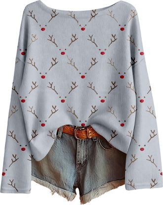 Generic Womens Christmas Jumpers Festive Novelty Print Oversized Cosy Crewneck Pullover Winter Knitted Long Sleeve Warm Sweater for Family Christmas Party