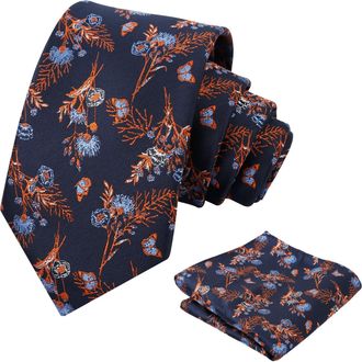 Alizeal Mens Flower Ties for Men with Handkerchief Floral Butterfly Patterned Classic Elegant Wedding Party Necktie Set, Navy+Orange