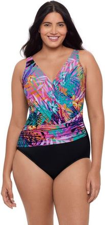 Trimshaper Addison Surplice One-Piece Control Swimsuit in Caribbean Palms at Nordstrom, Size 14