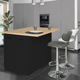 IDMarket Isla Central Ivo 120 Cm En Madera Negra Con Encimera Efecto Haya