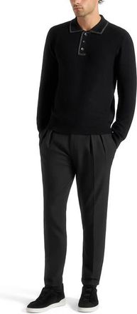 Mani&egrave;re De Voir Aymeric Whipstitch Detail Long Sleeve Knit Polo Shirt in Black at Nordstrom, Size X-Small