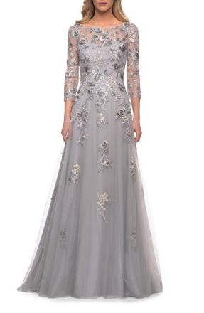 La Femme A Line Tulle and Lace Gown with Boat Neckline in Silver at Nordstrom, Size 10