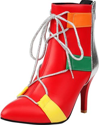 Generic Foreign Trade European and American Color Matching Pointed Boots Pointed High Heeled Womens Short Boots Classic Heel (Red, 6.5)