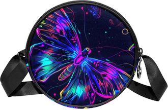 Generic Circle Crossbody Bag for Women, Neon Butterfly Small Sling Bag Daypack with Zipper Adjustable Shoulder Straps Casual Ladies Girls Round Purse