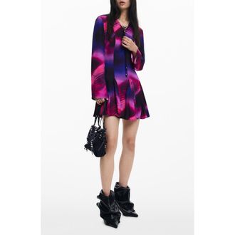 Desigual Print Lace Up Long Sleeve Minidress in Purple at Nordstrom Rack, Size Large