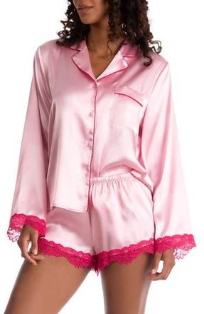 In Bloom by Jonquil Felicity Lace Trim Long Sleeve Satin Shorts Pajamas in Pink at Nordstrom Rack, Size Large