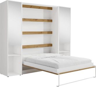 Vente-Unique Cama abatible vertical 140 x 200 cm - 2 columnas de almacenamiento - Con espejos y LEDs - Blanco y natural - RAPILI