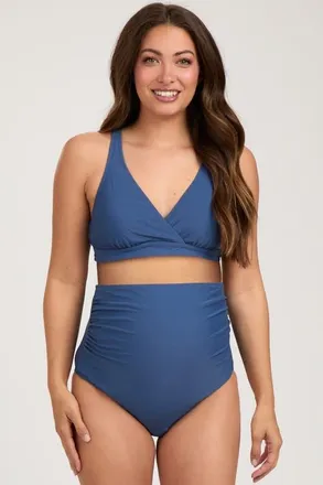 Pinkblush High Waist Maternity Bikini Set in Blue at Nordstrom, Size Medium