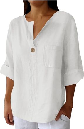 Generic Plus Size Ladies 3/4 Sleeve Linen Tops for Women UK Sales Short Sleeve Cotton Linen Tops Summer V Neck Casual Loose Vacation Beach Solid Color Blouses