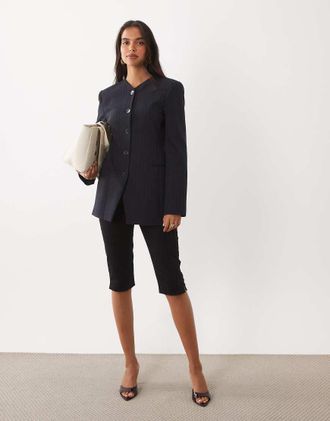 Mango blazer senza colletto a matita a righe navy-blu navy