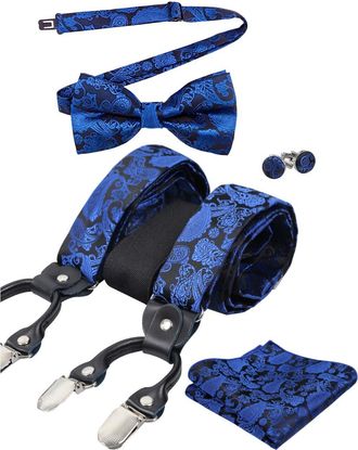 Alizeal Mens Paisley Pattern Bow Tie and Braces, Handkerchief, Cufflinks Set-Royal Blue