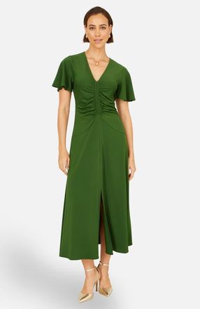 Yumi Ruched Front Stretch Midi Dress in Green at Nordstrom, Size 10