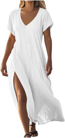 Generic Linen Dresses for Women UK Short Sleeve V Neck Side Slit Maxi Dress Elegant Ladies Summer Dress Casual Loose Beach Long Dresses Boho Cotton Linen A Li