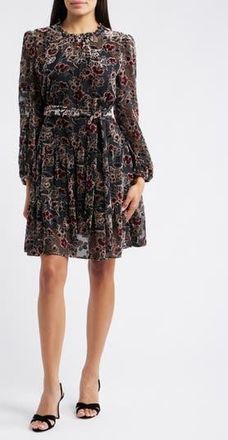 Julia Jordan Burnout Velvet Floral Long Sleeve Fit & Flare Dress in Black Multi at Nordstrom Rack, Size X-Small