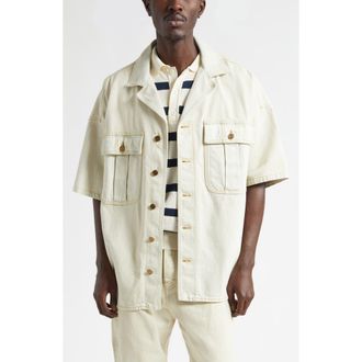 Balmain Oversize Denim Camp Shirt in Beige at Nordstrom, Size 36 Us