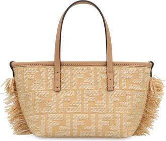 Fendi Mini Jacquard Handtas met Leren Handvatten - Dames - Handtassen - Beige - ONE Size - Katoen - Tassen