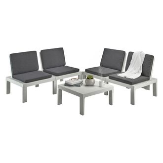 Dmora Sal&oacute;n De Jard&iacute;n Dmur, Conjunto De Jard&iacute;n Con 4 Asientos Con Respaldo Y 1 M&oacute;dulo Multifuncional, Zona De Estar Con Cojines, 100% Made In Italy, Blanco 