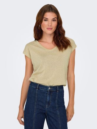 Only Kurzarmshirt ONLY ONLSILVERY S/S V NECK LUREX TOP JRS NOOS, Damen, Gr. XS, gold colour, Jersey, Obermaterial: 60% Polyester, 24% Viskose, 16% metallis