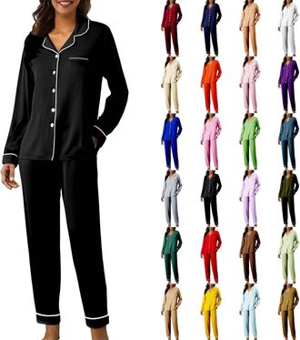 Generic Matching Pajamas for Couples Pyjamas Set for Women Soft Two Pieces Pjs Sets Long Sleeve Button Down Shirts and Elastic Wide Leg Pants Ladies Comfy Sle