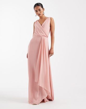 Tfnc Yida - Vestito lungo da damigella in chiffon con dettaglio con incrocio rosa