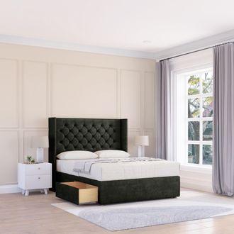 Sloomy Dior Dumfries Wingback Bed Set, 2 Drawers & 54 Floor Standing Headboard in Black | Size: Small Double