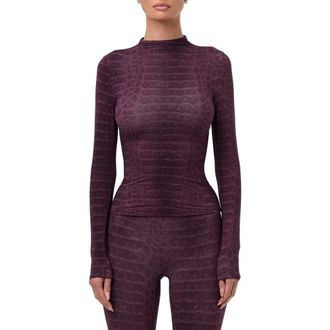 Naked Wardrobe Print Turtleneck Top in Dark Plum Crocodile at Nordstrom, Size X-Large