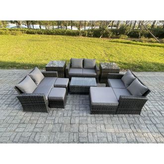 Fimous 9pc Rattan Sofa Garden Furniture Outdoor Patio Set with 2 Side Tables 3 Footstools Love Seat Sofa Dark Grey Mixed - Fimous